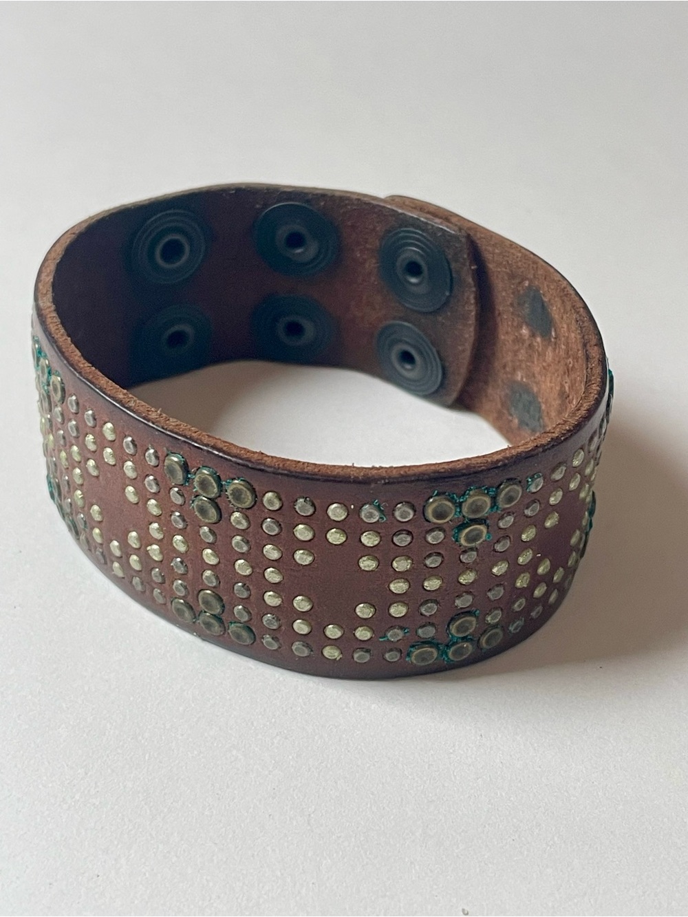 Brown Studded Leather Snap Cuff Bracelet